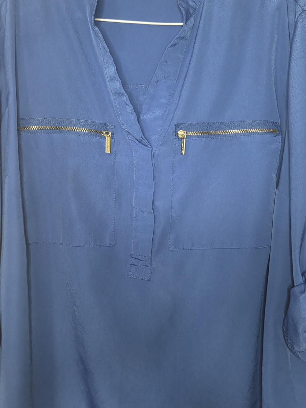 Michael Kors Cobalt Blue V-Neck Utility Blouse with Zip Accents - Picture 7 of 13